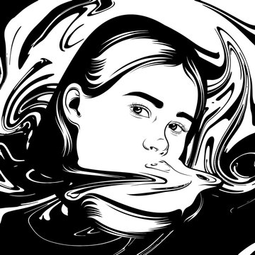 Vector hand drawn illustration of girl in surrealistic style. Tattoo artwork. Template for card, poster, banner, print for t-shirt, pin, badge and patch.