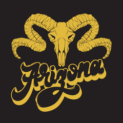 Arizona. Vector handwritten lettering. Hand drawn ram skull.  Template for card, poster, banner, print for t-shirt, badge, pin and patch.