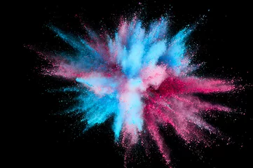 Fotobehang Rook Gekleurde poederexplosie. Abstract close-upstof op achtergrond. Kleurrijk exploderen. Verf holi