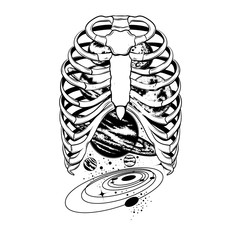 Vector hand drawn illustration of human ribs with planets isolated. Template for card, poster, banner, print for t-shirt.