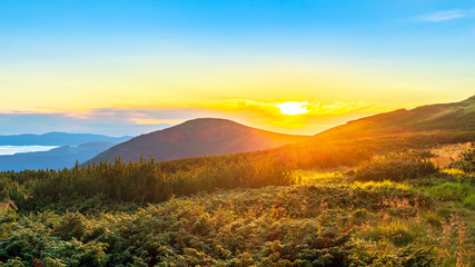Obraz premium Sunrise at the top of Carpathian mountains, awesome nature landscape in the morning