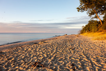Sandy beach of the Baltic Sea in Denmark during beautiful sunrise