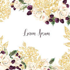 Wedding cards with golden graphic and watercolor flowers and berries. 