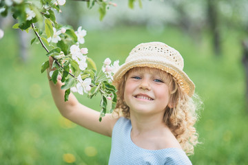 girl sniffing flowers of apple orchard. garden with flowering trees