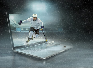 Caucasian ice hockey Players in dynamic action in a professional