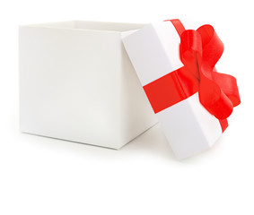 White gift box with red ribbon