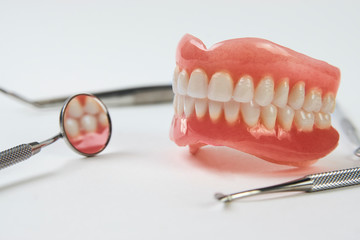 Artificial teeth on a white background with copy space.
