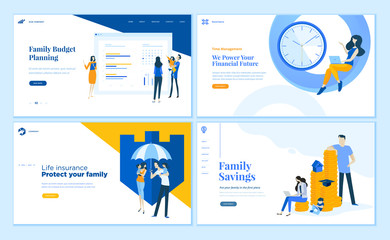 Fototapeta na wymiar Set of flat design web page templates of family savings, budget planning, life insurance, time management. Modern vector illustration concepts for website and mobile website development. 