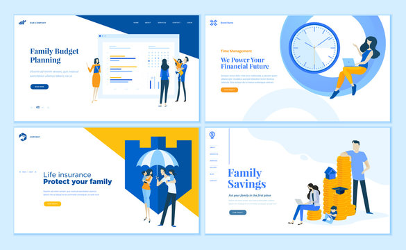 Set of flat design web page templates of family savings, budget planning, life insurance, time management. Modern vector illustration concepts for website and mobile website development. 