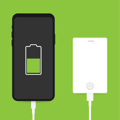 Flat isometric Smartphone USB cable connection with external power bank. Vector illustration.