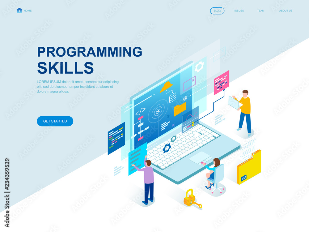 Wall mural modern flat design isometric concept of programming skills decorated people character for website an