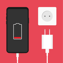 Smartphone charger adapter and electric socket, low battery notification. Vector illustration.