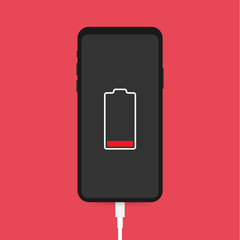 Smartphone charger adapter and electric socket, low battery notification. Vector illustration.