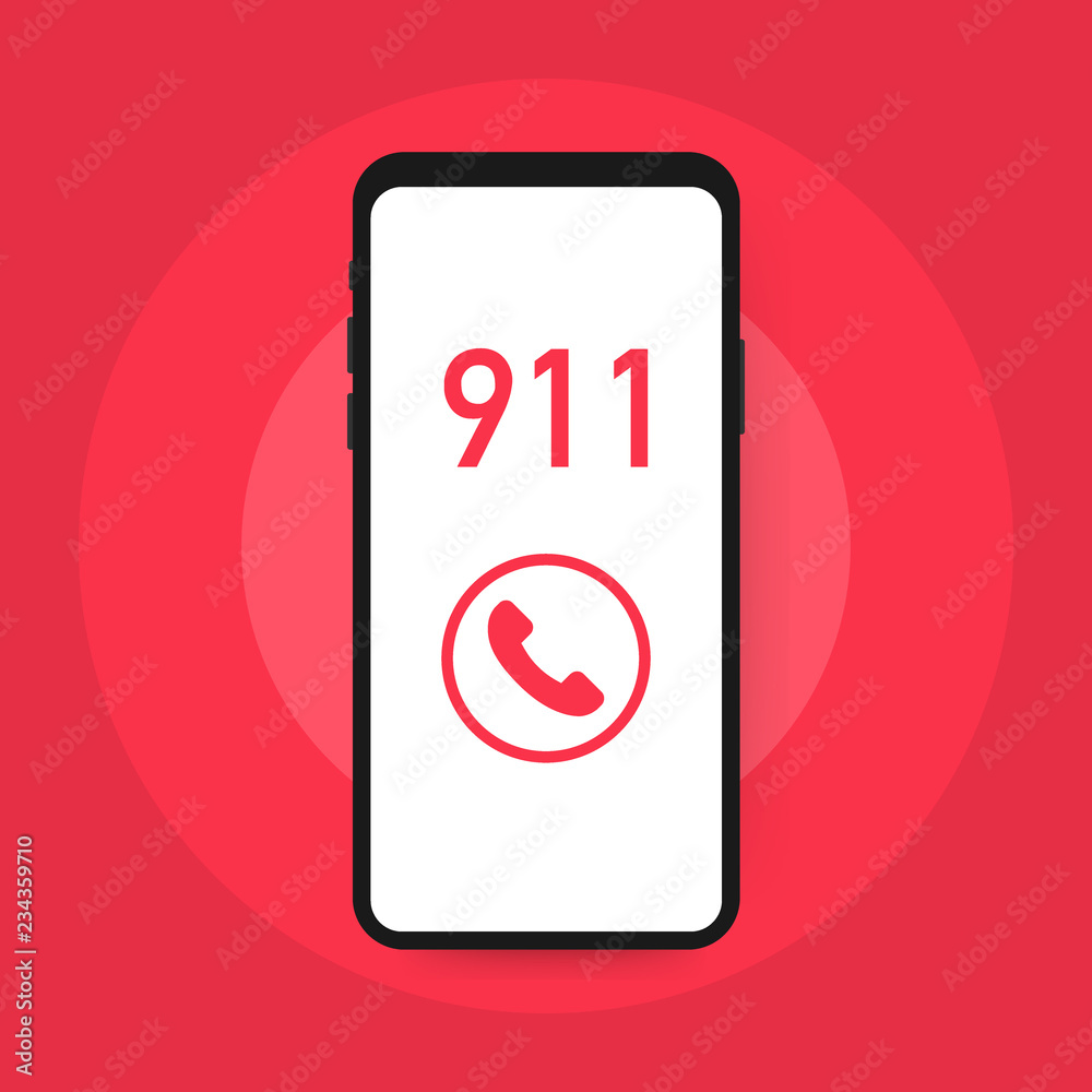 Sticker Call 911, emergency call concept. Hand holding smartphone, finger touching call button. Vector illustration.