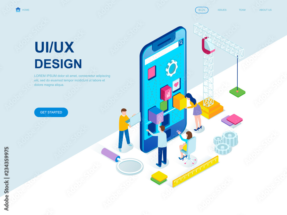 Aufkleber Modern flat design isometric concept of UX and UI Design decorated people character for website and mobile website development. Isometric landing page template. Vector illustration.