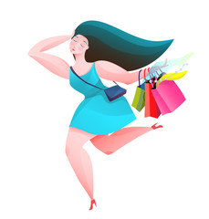 Shopping Woman Running with Shop Bags