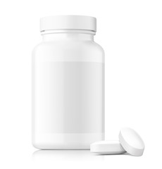 Mockup of plastic bottle with oval pills isolated on white background. Can be used for medical, cosmetic. Vector illustration. EPS10.