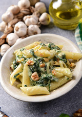 Penne pasta with spinach, gorgonzola cheese and walnuts