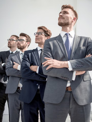 group of professional company employees looking at a copy space