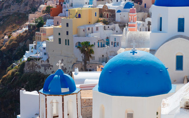 details of Oia church and houses, traditional greek village of Santorini, Greece