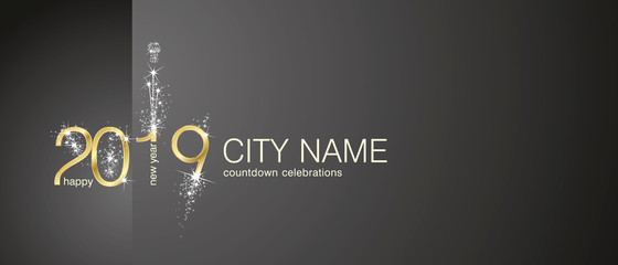 New Year 2019 gold firework countdown celebrations invitation black background