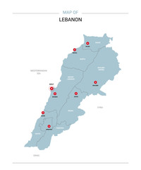 Lebanon vector map. Editable template with regions, cities, red pins and blue surface on white background. 