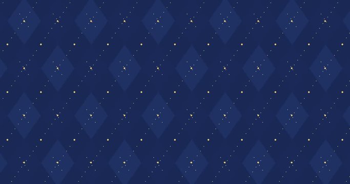 4k Dark navy blue checkered animation with golden dash line. Trendy color birth party backdrop. Scottish wedding argyle ornament. Dad, father, men banner. Royal invite card for king, little prince