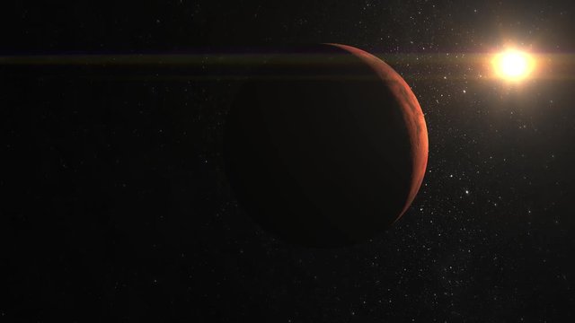 Approaching Mars. The sun in the frame from the top right. Mars moves to the left. The camera flies near the planet Mars. View from space. Stars twinkle. 4K.