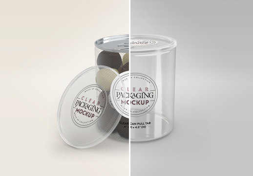 Clear Tall Can with Pull Tab and Clear Lid Packaging Mockup
