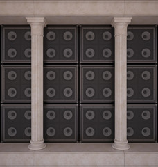 Classical colonnade, on a background of a wall of guitar amps