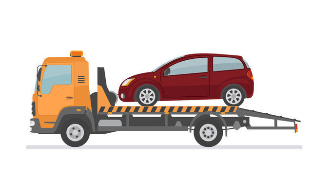Broken car on tow truck. Isolated on white background. Flat style, vector illustration. 