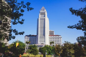 Fotobehang View of Los Angeles City Hall, Civic Center district of downtown LA, California, United States of America, summer sunny day © tsuguliev