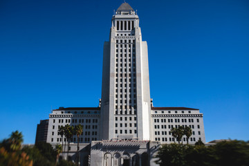 View of Los Angeles City Hall, Civic Center district of downtown LA, California, United States of America, summer sunny day