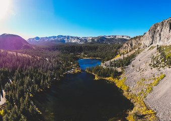 Fototapeta premium View of Twin Lakes, Lake George, the southeastern slope of Mammoth Mountain, Mono County, eastern California, eastern Sierra Nevada, Inyo National Forest, shot from drone, summer view