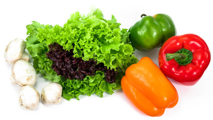 lettuce, bell pepper and mushrooms on a white background