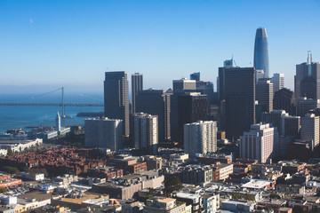 Beautiful super wide-angle aerial view of San Francisco, California, with Bay Bridge, Downtown,...