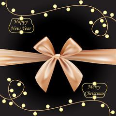 Golden brown realistic bows for gift box on dark background. Silk ribbon, 3d gift bow tie for Christmas, New Year, holidays. Light bulbs.   illustration.