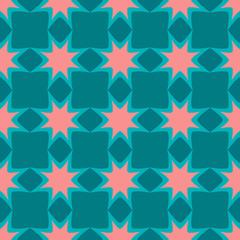 Fototapeta na wymiar Bright, motley seamless pattern of simple geometric colored shapes, squares, rhombuses and stars. Vector seamless pattern illustration.