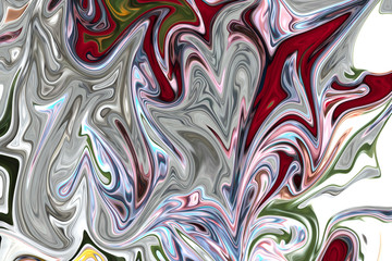 Liquify Abstract Pattern With Grey, Red, Green, Yellow And White Graphics Color Art Form. Digital Background With Liquifying Flow.