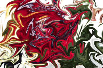 Liquify Abstract Pattern With Grey, Red, Green, Yellow And White Graphics Color Art Form. Digital Background With Liquifying Flow.