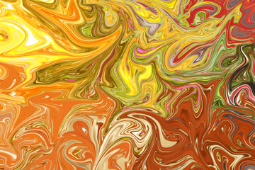 Liquify Abstract Pattern With Yellow, Orange, Red, Pink And Green Graphics Color Art Form. Digital Background With Liquifying Flow.