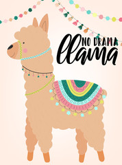 A vector illustration of a hand-drawn beige alpaca in national South American clothing with decorations and inscription No drama Llama. Image for children, textiles, clothing, cards, invitation.