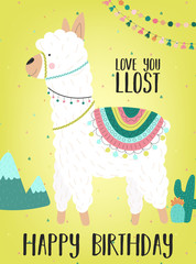 Vector illustration of a hand-drawn llama or alpaca in national South American clothing with decorations, cacti, inscription Love you lost. Image for children, textiles, clothing, cards, invitation. © Anton