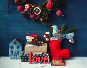 christmas,new  year,birthday card with wooden birds,wooden house,gifts,christmas wreath