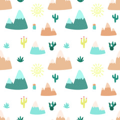 Seamless pattern of hand-drawn cacti, mountains, sun, clothes for llama with South American motifs against a light background. Illustration for children, room, textile, clothes, cards, wrapping paper.