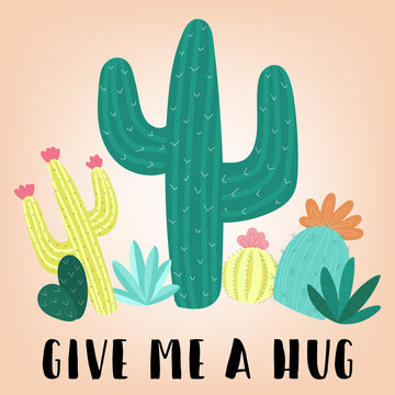 Vector illustration of hand-drawn multicolored cacti with the inscription Give me a hug. Image on South American theme for children, cards, invitation, print, textiles.