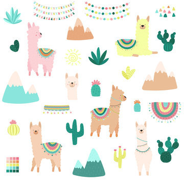 Vector illustration of a hand-drawn collection of llamas or alpacas, cacti, mountains, clothes, ornaments. Image on South American themes for children, textiles, clothing, cards, invitations.