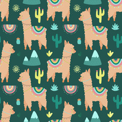 Seamless pattern of beige llamas or alpacas, mountains, cacti, sun on a green background. Image for children, room, textile, clothes, cards, wrapping paper. Hand-drawn illustration. © Anton