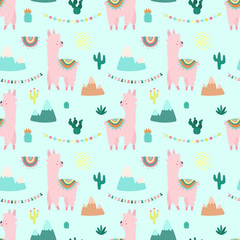 Seamless pattern of cute pink llamas or alpacas, mountains, cacti, garland, sun on a blue background. Image for children, room, textile, clothes, cards, wrapping paper. Hand-drawn illustration. © Anton