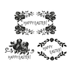 Text. Easter. Decorative design elements. Frame of flowers. Black and white image. Vintage.